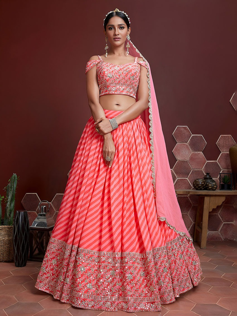 Traditional Festive Elegant Ethnic Pastel Peach Organza Silk Lehanga Suit