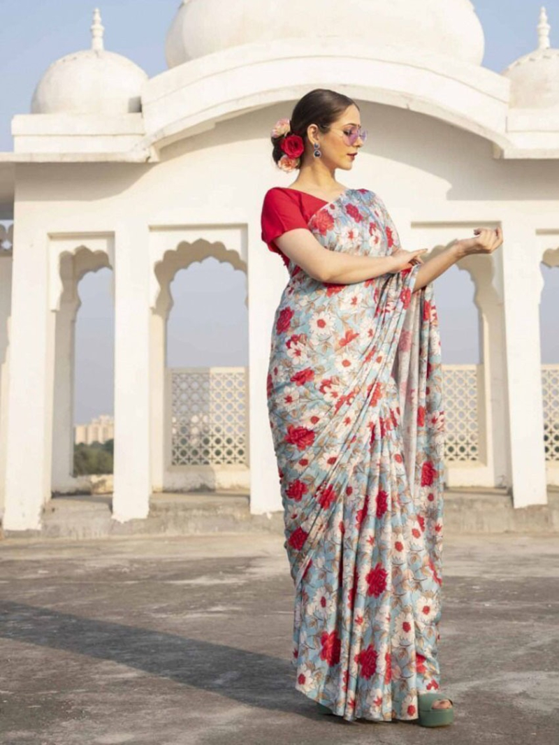Traditional Ethnic Festive Dusty Pastel Blue Satin Silk Saree