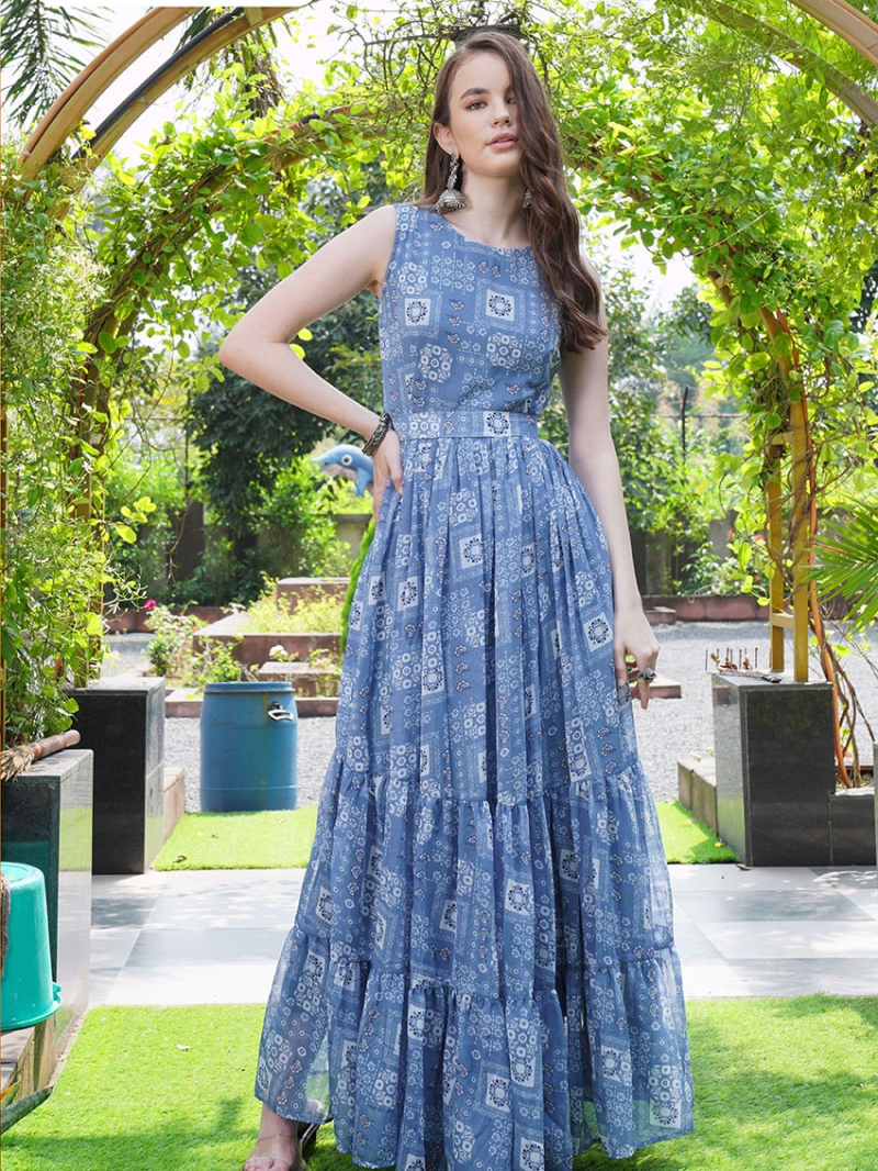 Designer Festive Georgette Light Steel Blue Fit & Flare Anarkali Style Gown 