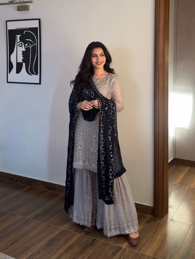 Elegant Ethnic Grey Faux Georgette Sharara Suit