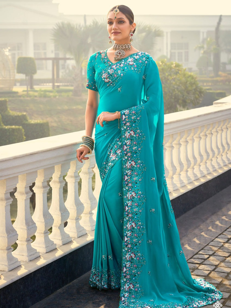 Elegant Athenic Festive Turquoise Blue Crepe Saree