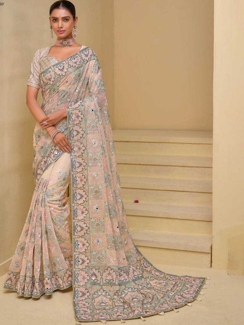 Designer Festive Pastel Peach Banarasi Tuscany Saree