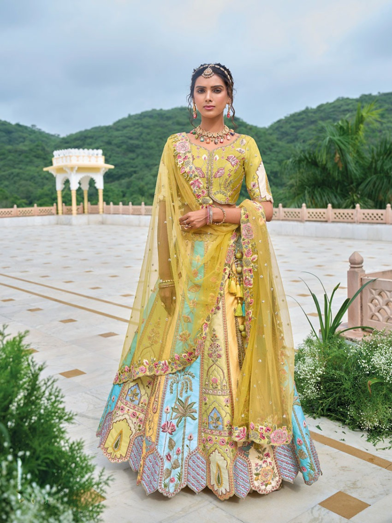 Designer Festive Lime Yellow Fancy Silk Lehanga 
