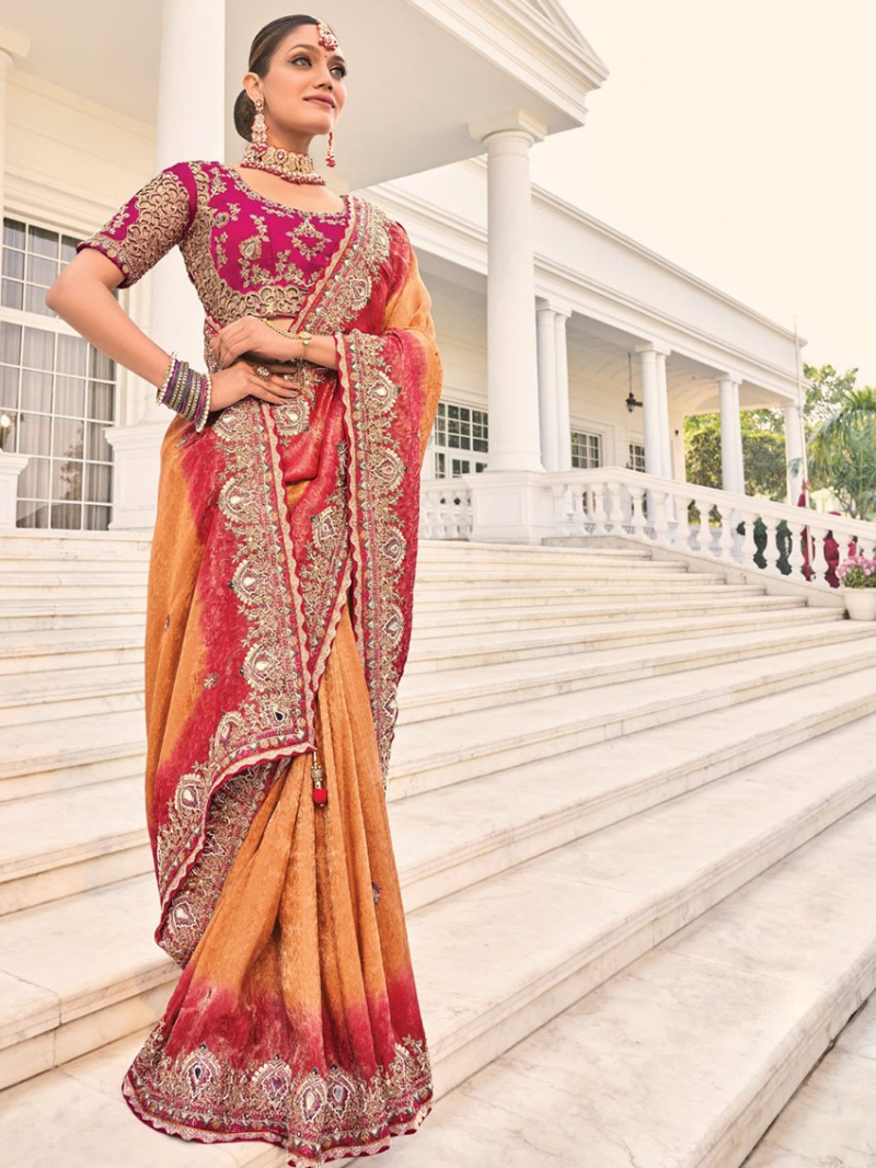 Traditional Ethnic Festive Orange & Rani Organza Saree