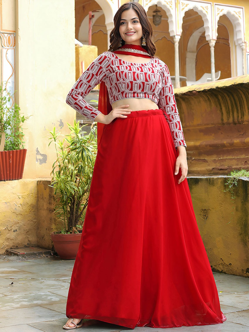Designer Traditional Elegant Red Georgette Lehanga Suit