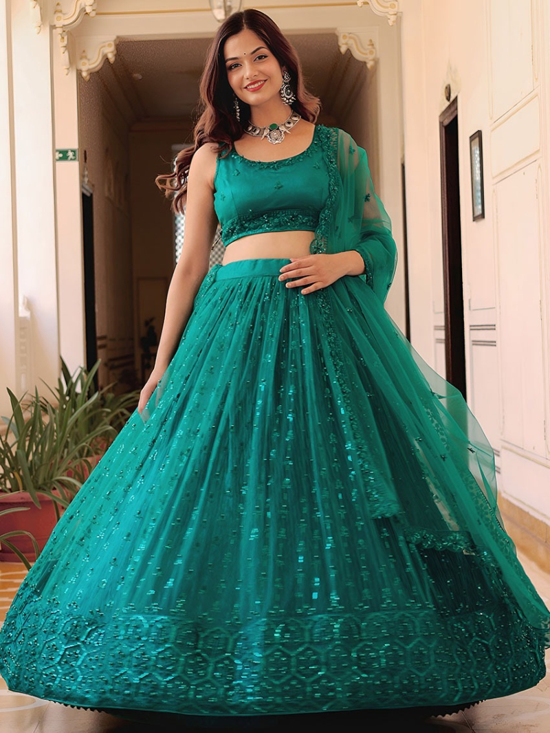 Designer Traditional Bridal Ethnic Festive Teal Green Soft Net Lehanga Suit