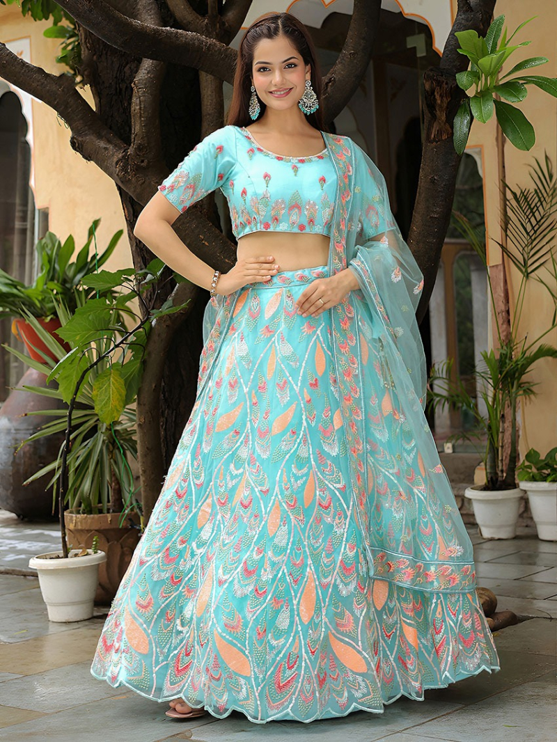 Designer Ethnic Festive Traditional Electric Blue Soft Net Lehanga Suit