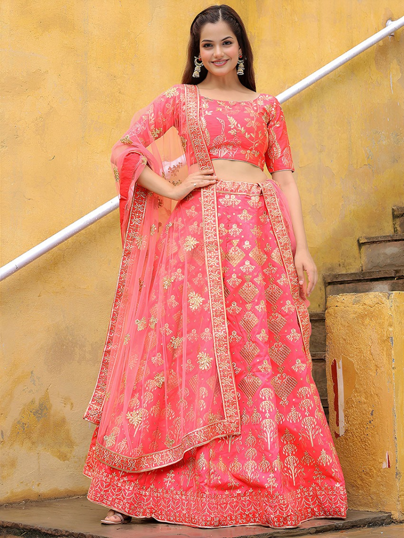 Designer Traditional Ethnic Festive Pink Slub Silk Lehanga Suit