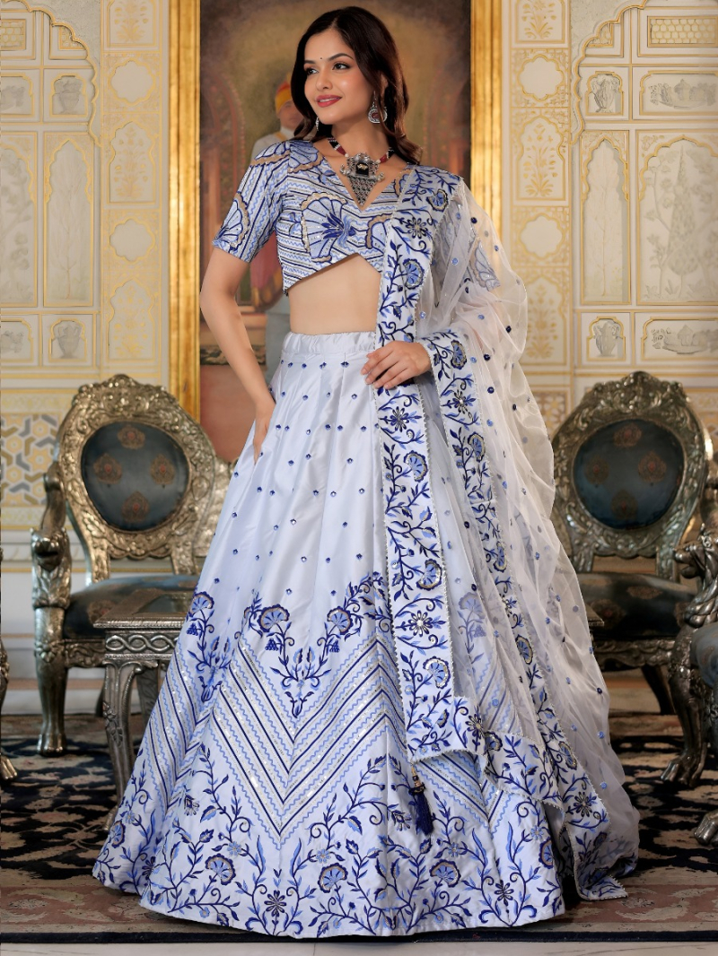 Designer Elegant Bridal White Satin Lehanga Suit