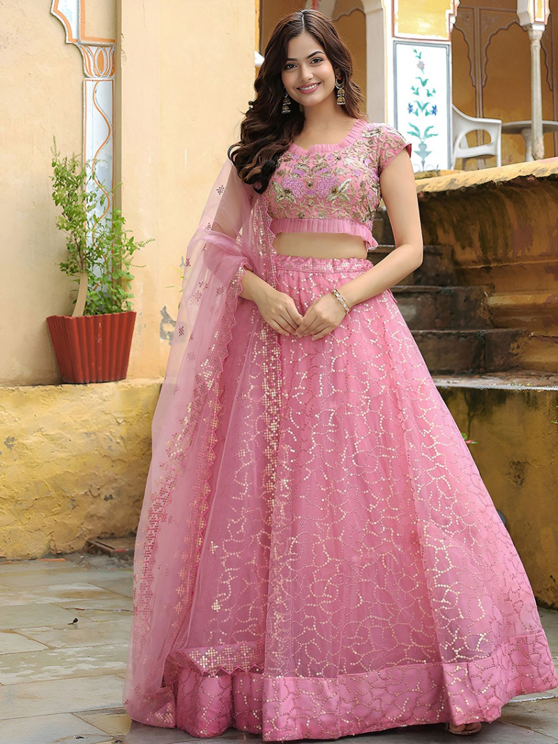 Elegant Traditional Ethnic Festive Light Pink Soft Net Lehanga Suit