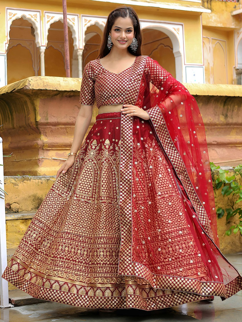 Designer Traditional Ethnic Maroon Raw Silk Lehanga Suit
