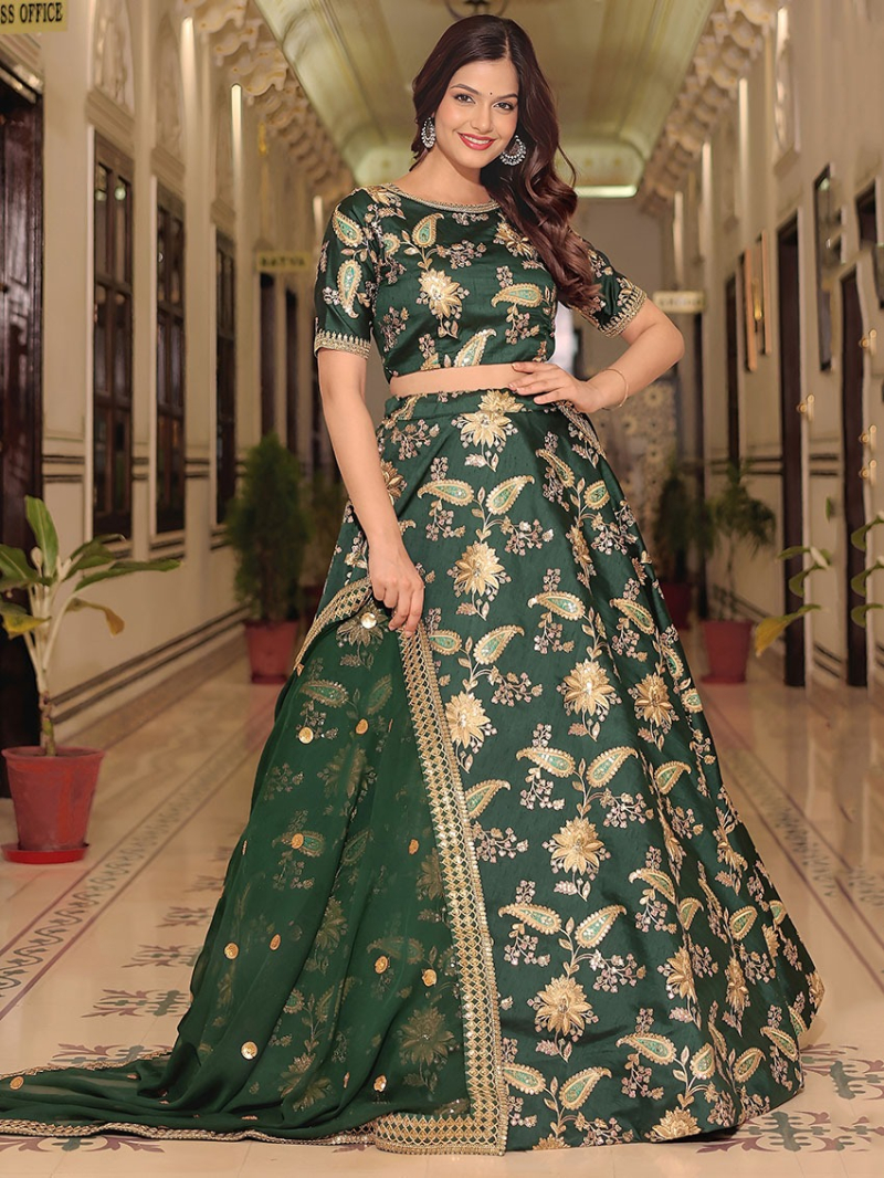 Designer Traditional Bridal Dark Green Art SIlk Lehanga Suit