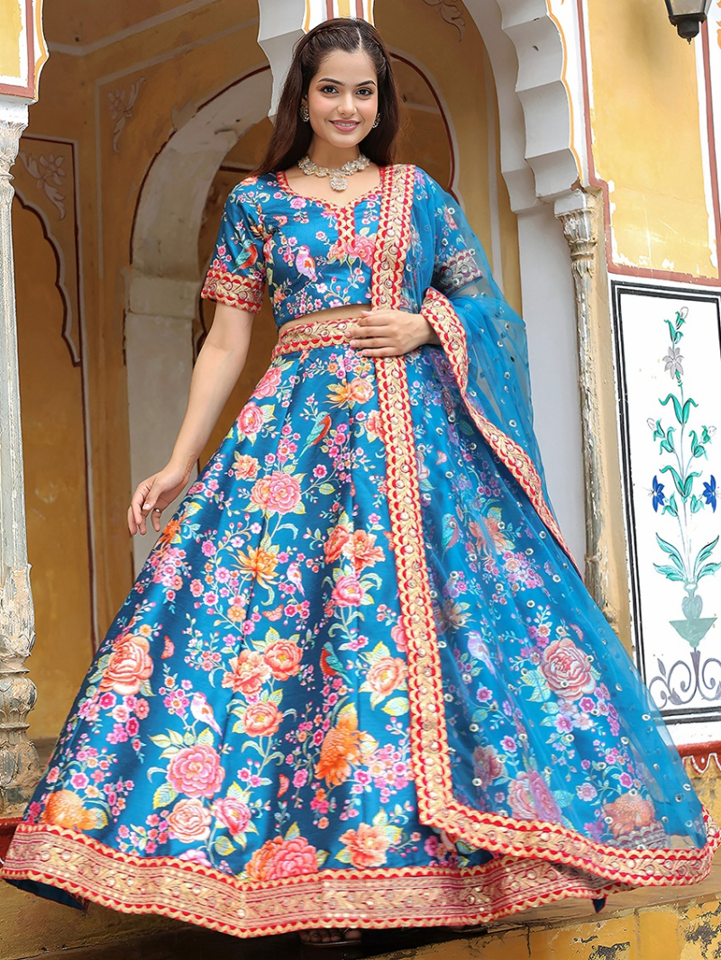 Authentic Elegant Traditional Ethnic Bright Blue Art Silk Lehanga Suit