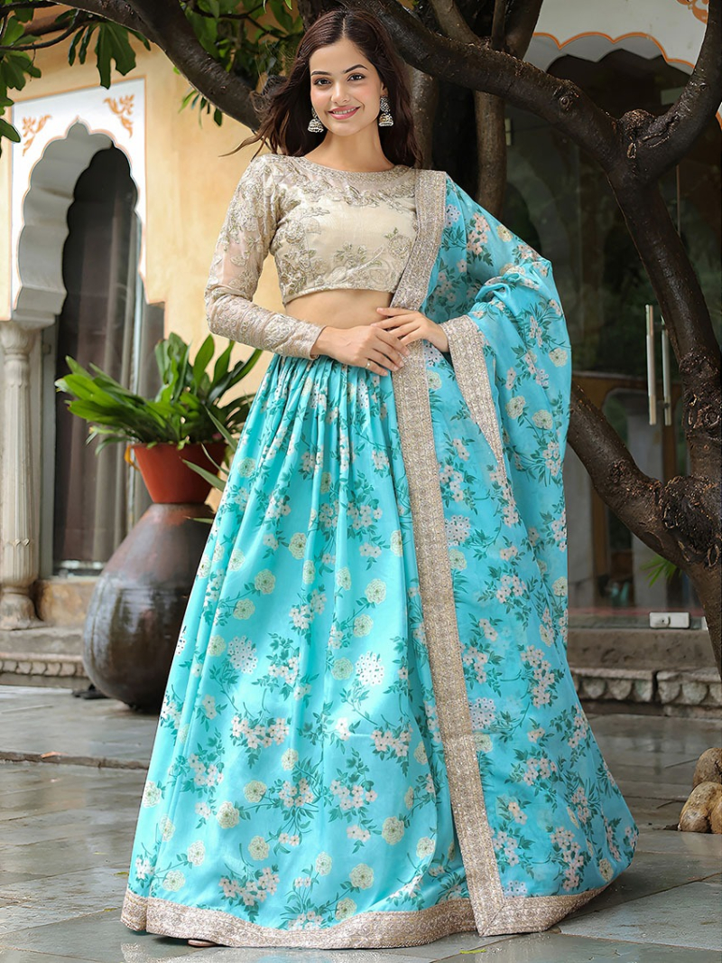 Elegant Festive Traditional Turquoise Blue Organza Lehanga Suit