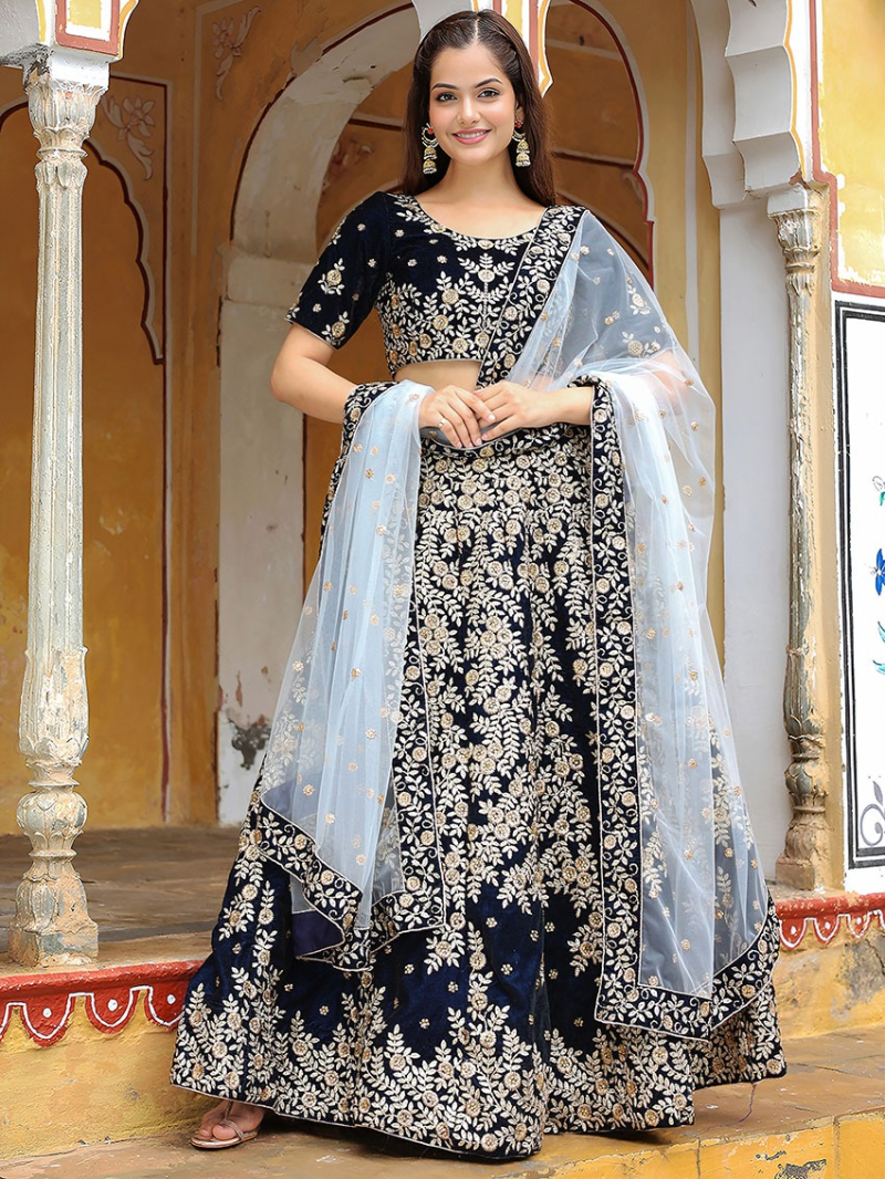 Elegant Traditional Ethnic Festive Navy Blue Velvet Lehanga Suit