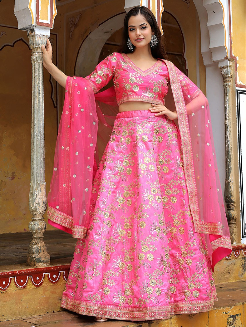 Elegant Festive Traditional Hot Pink Slub Silk Lehanga Suit