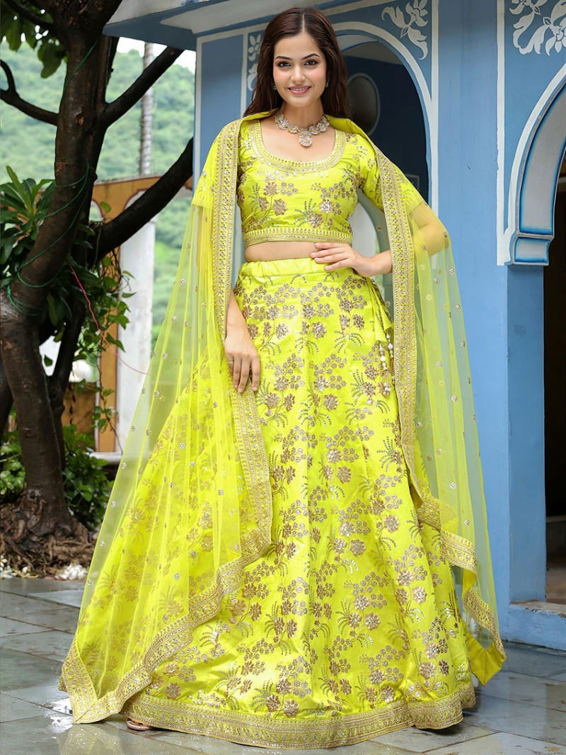 Authentic Elegant Ethnic Festive Lime Yellow Slub Silk Lehanga Suit