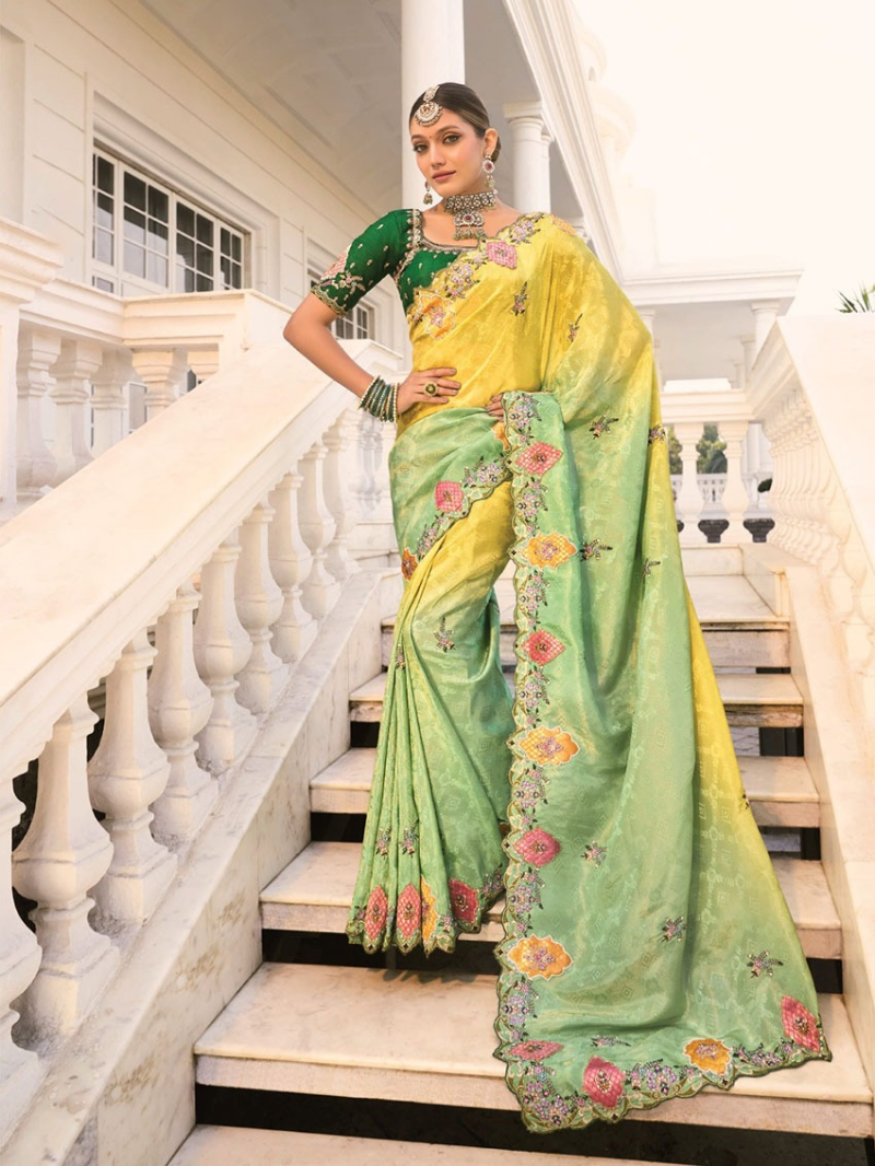 Designer Festive Lemon & Green Crepe Jaquard Saare 