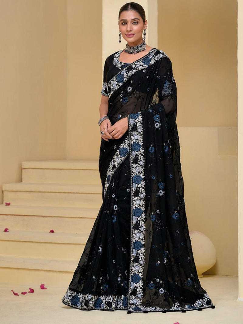 Elegant Ethenic Festive Premium Black Banarasi Silk Tuscany Saree