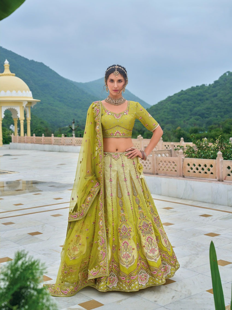 Elegant Ethenic Festive Premium Lime Yellow Fancy Silk Lehanga 