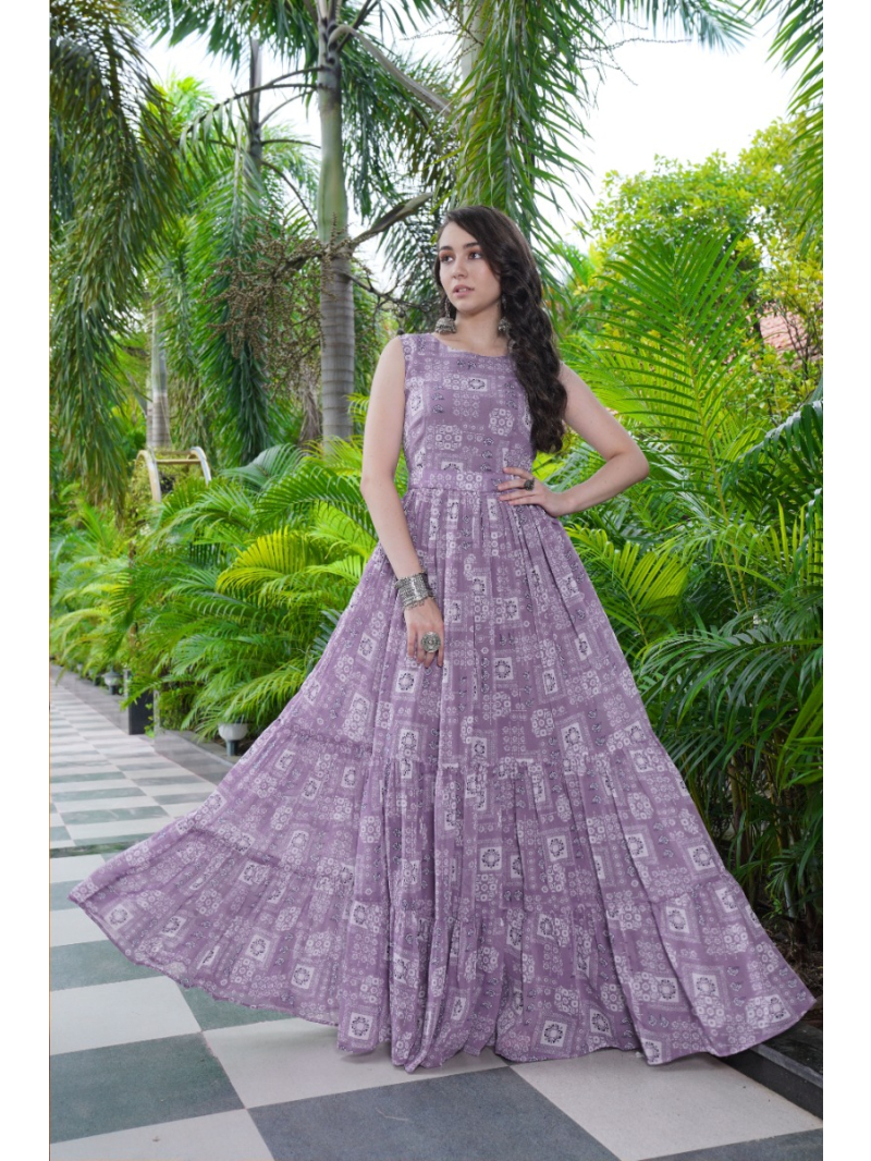 Elegant Ethenic Festive Premium Lavender Crystal Fit & Flare Anarkali Style Gown