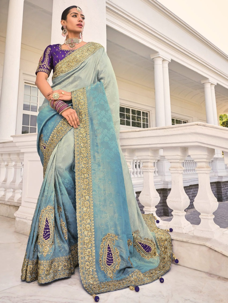 Traditional Ethnic Festive Grey & Aqua Blue Crepe Jacquard Saree