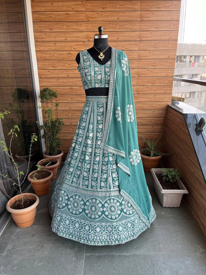 Elegant Ethnic Festive Premium Dusty Teal Green Faux Georgette Lehanga Suit