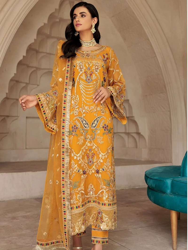 Traditional Ethnic Festive Georgette Mustard Straight Suit