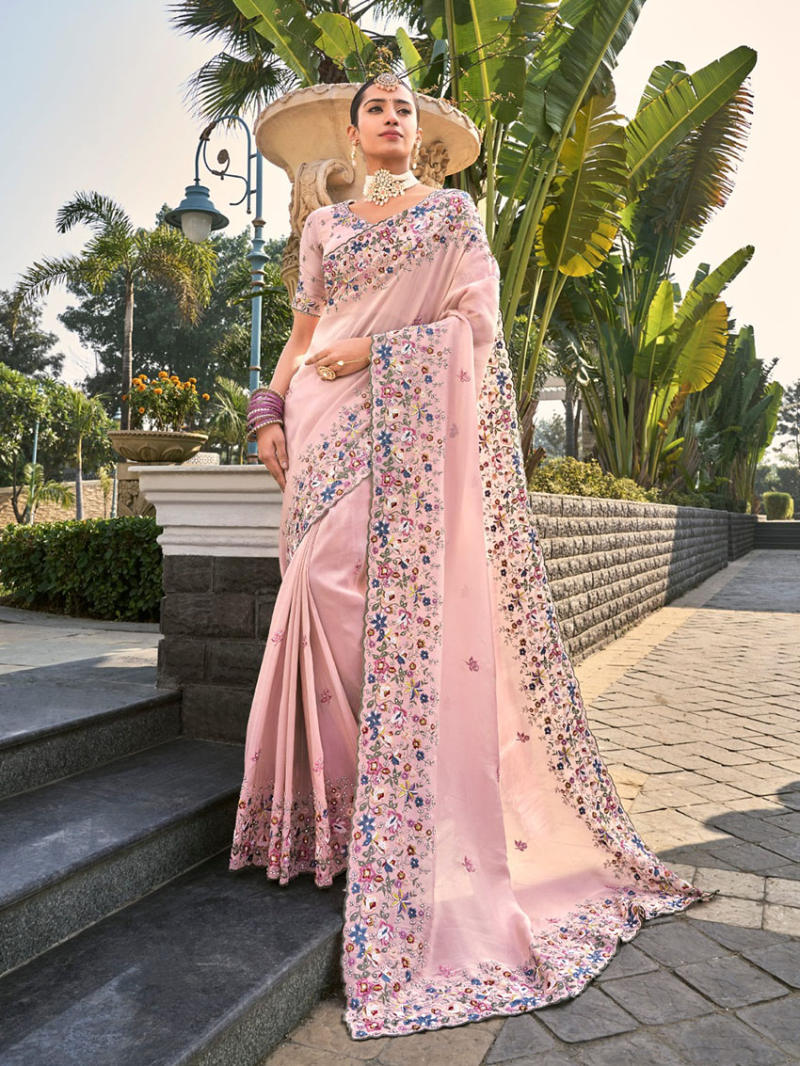Traditional Ethnic Festive Pastel Pink Banarasi Zari Saree 