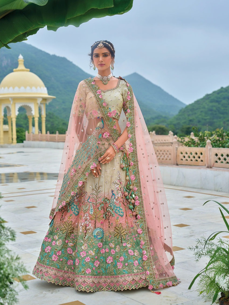 Designer Festive Pastel Peach Fancy Silk Lehanga