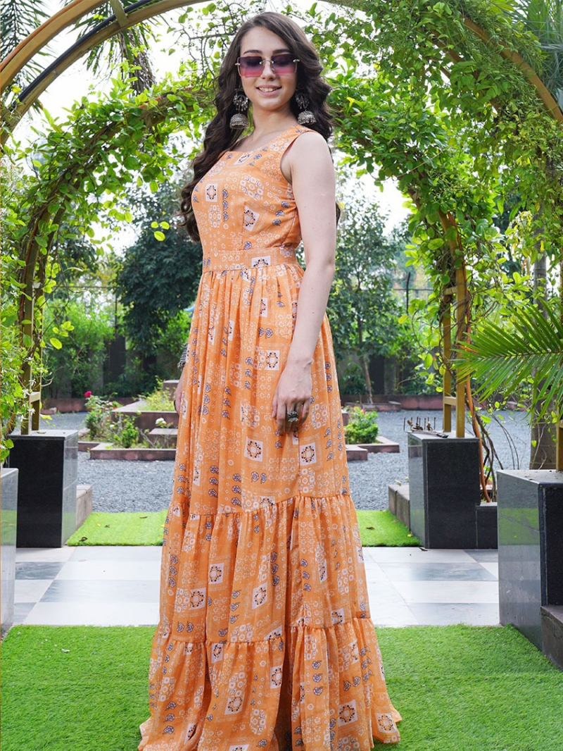 Traditional Ethnic Festive Georgette Peach Fit & Flare Style Gown