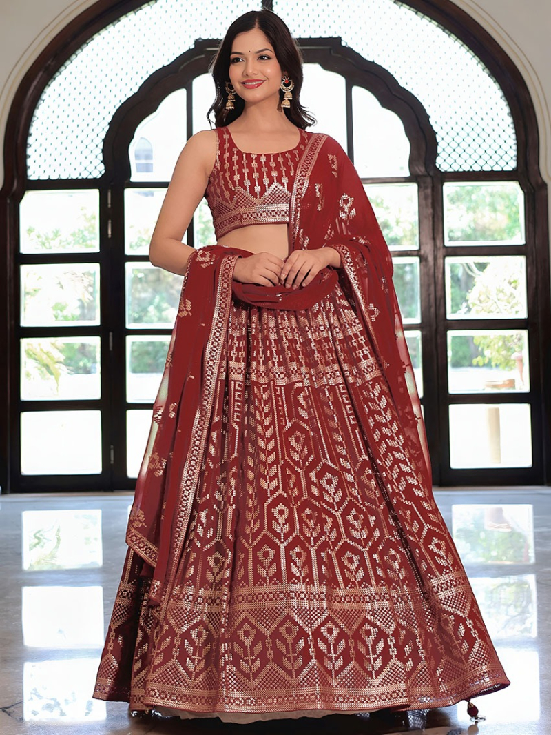Designer Bridal Elegant Ethnic Maroon Georgette Lehanga Suit