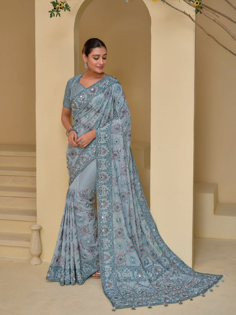 Traditional Ethnic Festive Bluish Grey Banarasi Silk Tuscany Saree
