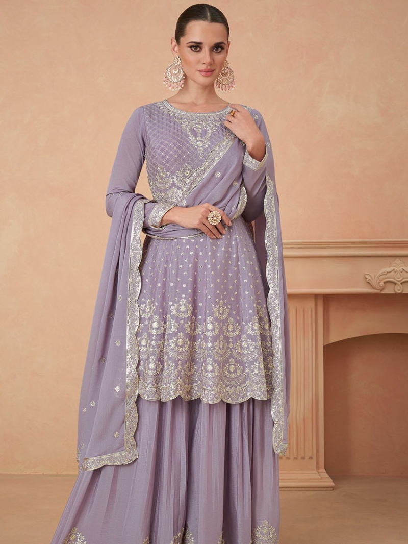 Authentic Elegant Festive Heavy Chinnon Lilac Sharara Suit