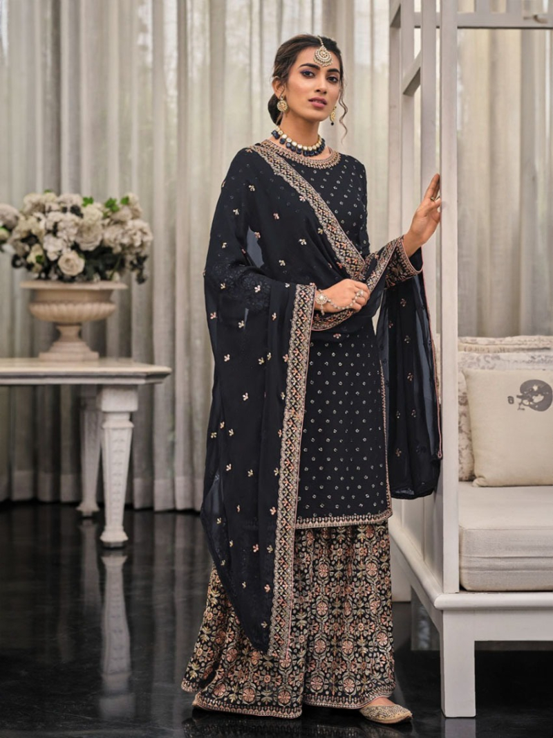 Elegant Athenic Festive Heavy Faux Georgette Black Plazo Suit 