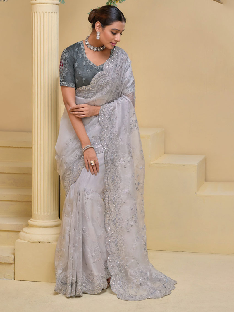 Elegant Athenic Festive Premium Silver Banarasi Tuscany Saree 