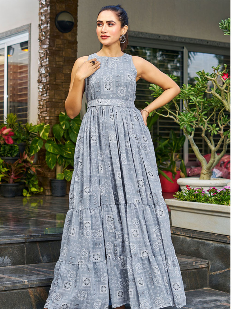 Elegant Athenic Festive Georgette Dusty Pastel Blue Fit & Flare Anarkali Style Gown