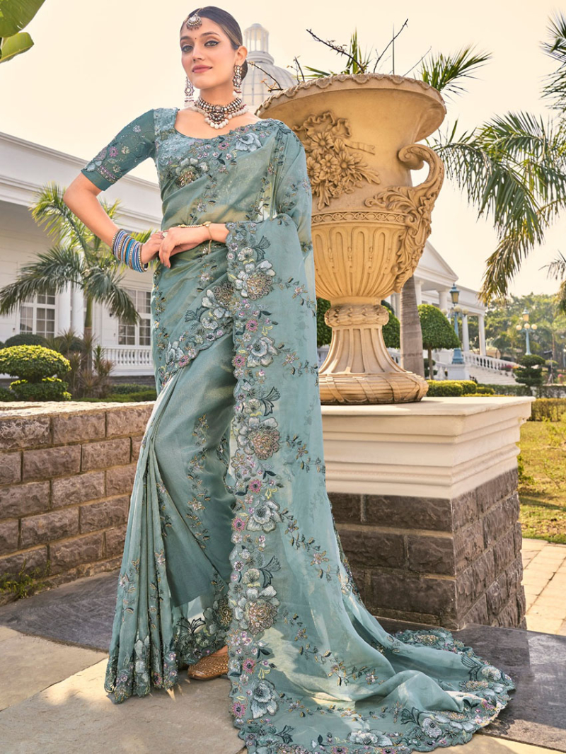 Designer Festive Dusty Teal Green Organza Saree