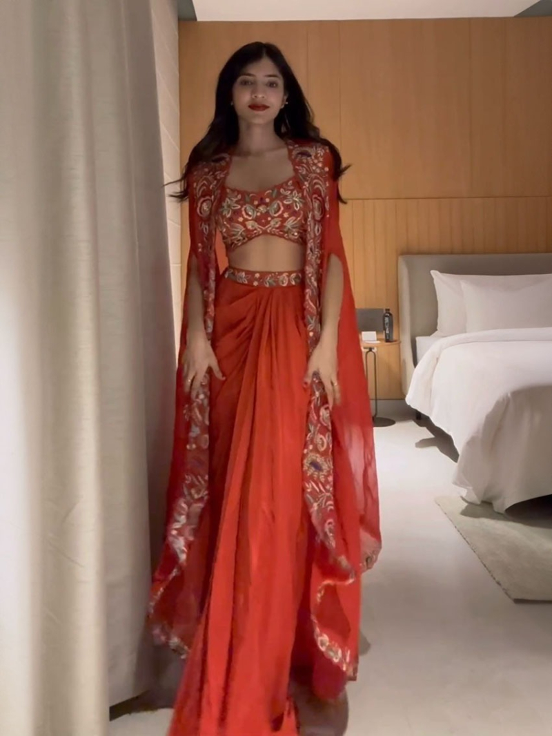 Stylish Elegant Party Wear Orangae Shurg & Choli with Dhoti Indowestern Set