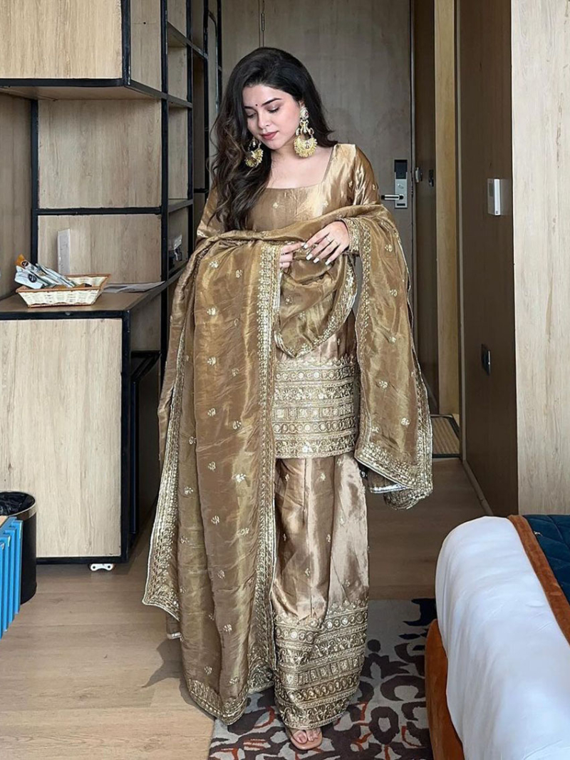 Elegant Ethnic Traditional Light Taupe Brown Fendi Satin Silk Plazo Suit