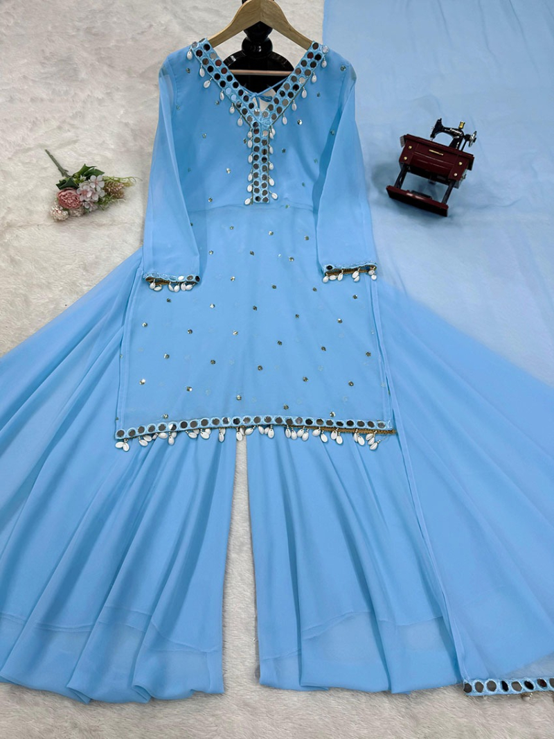 Elegant Traditional Ethnic Festive Bright Sky Blue Georgette  Plazo Suit