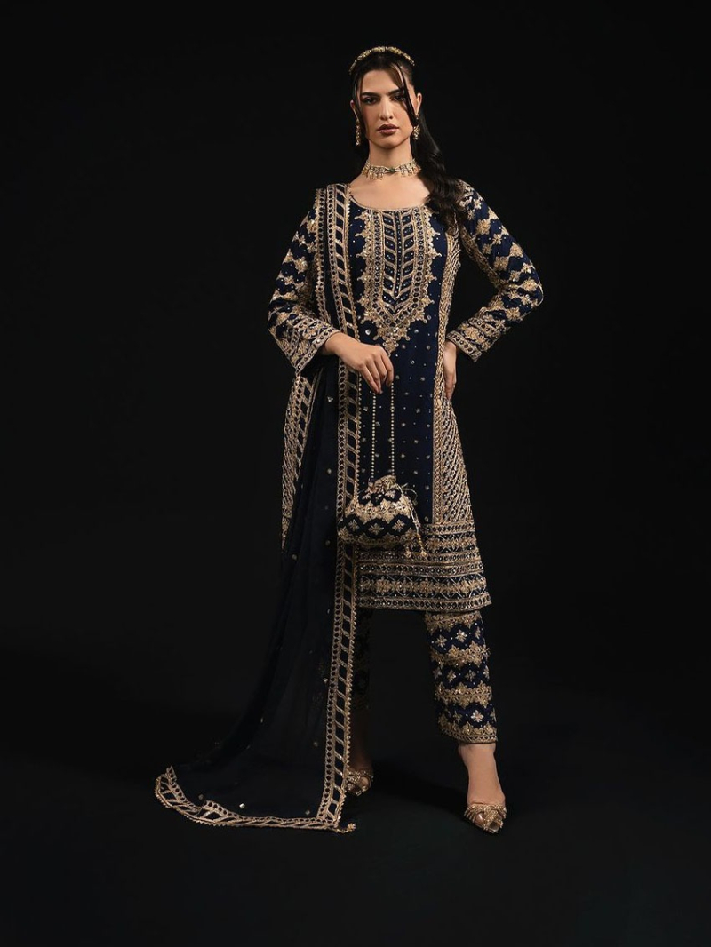 Traditional Festive Ethnic Elegant Navy Blue Georgette Straight Suit