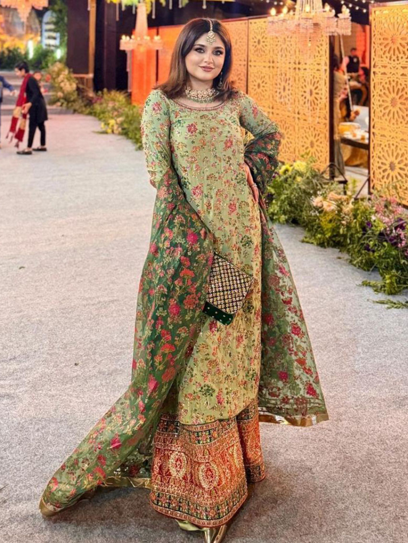 Authentic Ethnic Traditional Pastel Olive Green Georgette Plazo Suit
