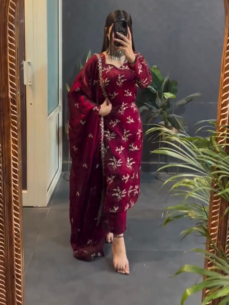 Traditional Elegant Festive Ethnic Maroon Crunchy Silk Straight Suit