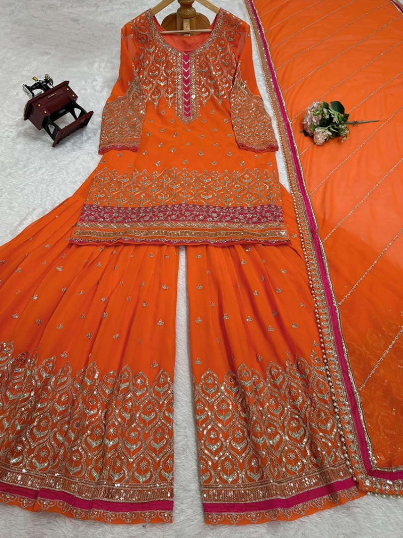 Traditional Ethnic Festive Orange Georgette Sharara Suit