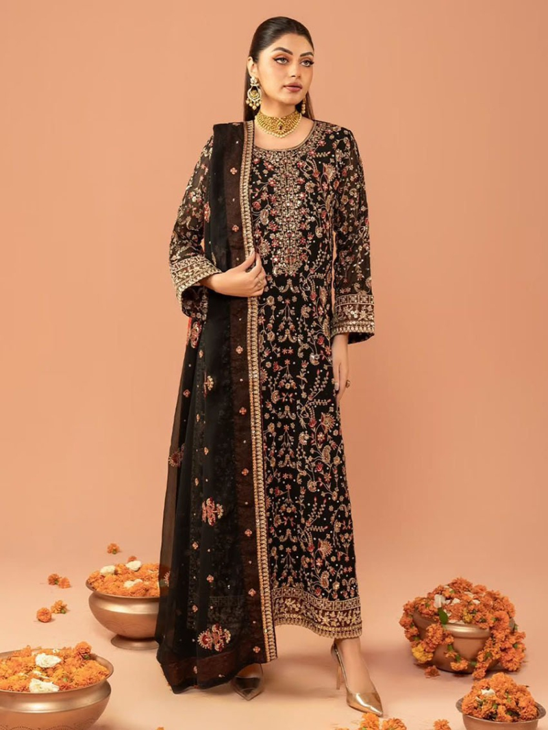 Authentic Festive Elegant Festive Black Georgette Straight Suit
