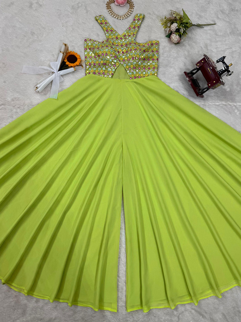 Stylish Party Wear Parrot Green Georgette Jumpsuit Indowestern Set
