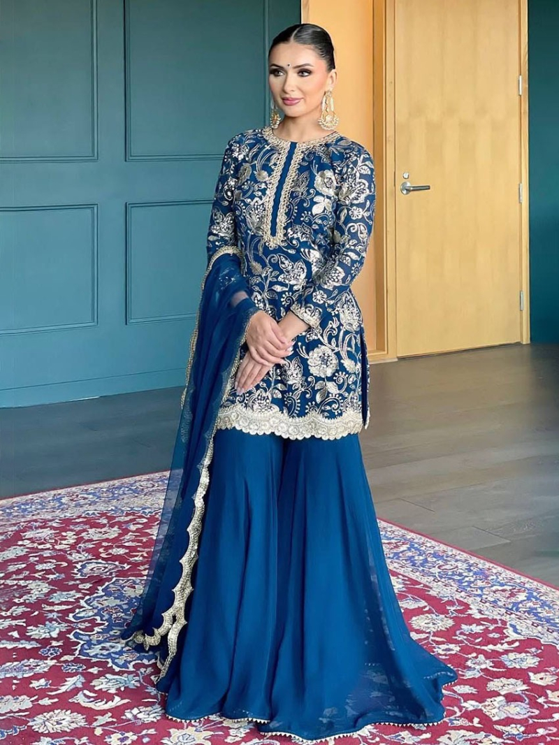 Festive Traditional Ethnic Bright Blue Georgette Sharara Suit