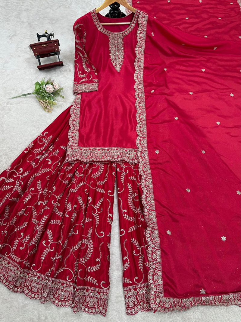 Authentic Traditional Ethnic Festive Crimson Red Chinnon Silk Plazo Suit