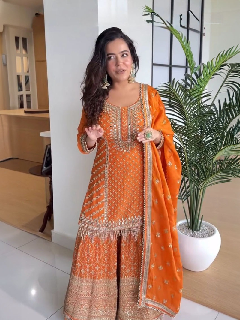 Designer Elegant Traditional Festive Orange Georgette Sharara Suit
